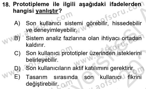 Sistem Analizi Ve Tasarımı Dersi 2022 - 2023 Yılı Yaz Okulu Sınavı 18. Soru