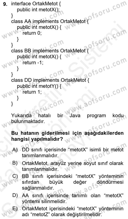 İleri Programlama Dersi 2018 - 2019 Yılı (Final) Dönem Sonu Sınav Soruları 9. Soru