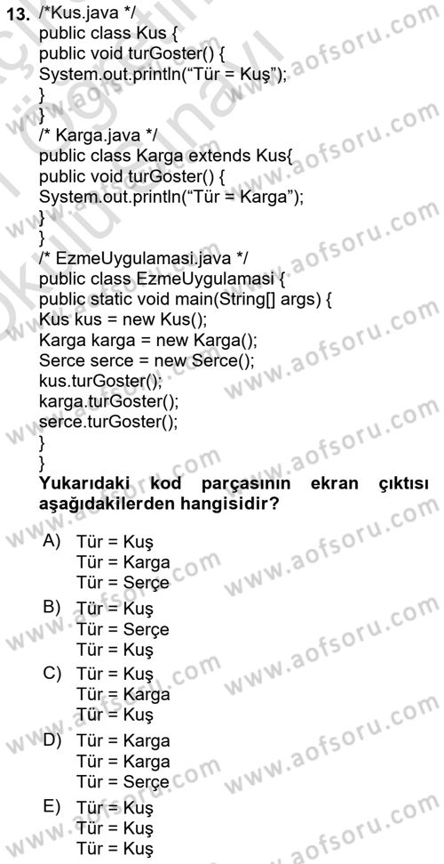 İleri Programlama Dersi 2020 - 2021 Yılı Yaz Okulu Sınavı 13. Soru