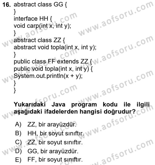 İleri Programlama Dersi 2021 - 2022 Yılı Yaz Okulu Sınav Soruları 16. Soru