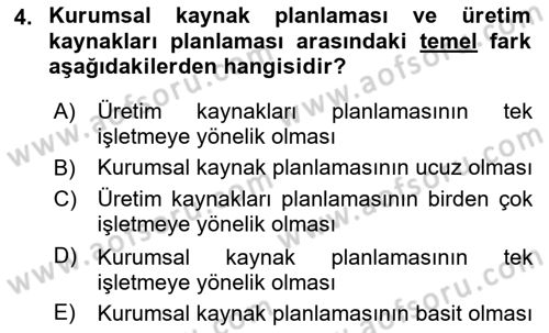 Kurumsal Kaynak Planlama Sistemleri Dersi 2018 - 2019 Yılı (Vize) Ara Sınav Soruları 4. Soru