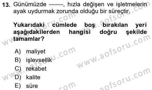 Kurumsal Kaynak Planlama Sistemleri Dersi 2019 - 2020 Yılı (Vize) Ara Sınav Soruları 13. Soru