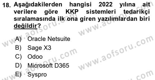 Kurumsal Kaynak Planlama Sistemleri Dersi 2022 - 2023 Yılı (Vize) Ara Sınav Soruları 18. Soru