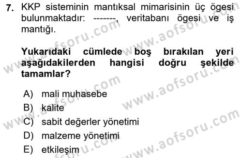 Kurumsal Kaynak Planlama Sistemleri Dersi 2023 - 2024 Yılı (Vize) Ara Sınav Soruları 7. Soru