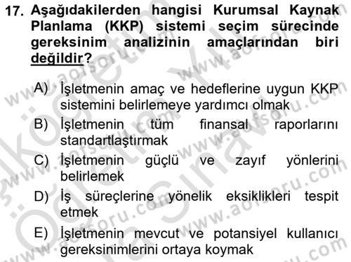 Kurumsal Kaynak Planlama Sistemleri Dersi 2025 - 2026 Yılı (Vize) Ara Sınav Soruları 17. Soru