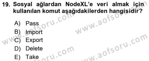 Sosyal Ağ Analizi Dersi 2018 - 2019 Yılı 3 Ders Sınavı 19. Soru