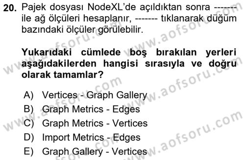 Sosyal Ağ Analizi Dersi 2018 - 2019 Yılı (Final) Dönem Sonu Sınavı 20. Soru