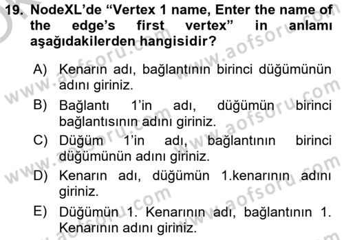 Sosyal Ağ Analizi Dersi 2018 - 2019 Yılı Yaz Okulu Sınav Soruları 19. Soru