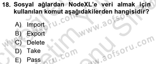 Sosyal Ağ Analizi Dersi 2021 - 2022 Yılı (Final) Dönem Sonu Sınav Soruları 18. Soru