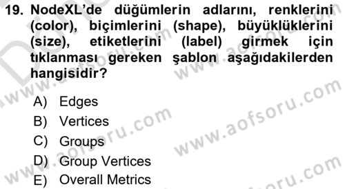 Sosyal Ağ Analizi Dersi 2021 - 2022 Yılı (Final) Dönem Sonu Sınav Soruları 19. Soru