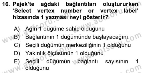 Sosyal Ağ Analizi Dersi 2022 - 2023 Yılı Yaz Okulu Sınavı 16. Soru