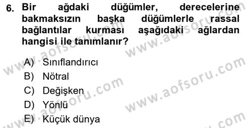 Sosyal Ağ Analizi Dersi 2022 - 2023 Yılı Yaz Okulu Sınav Soruları 6. Soru