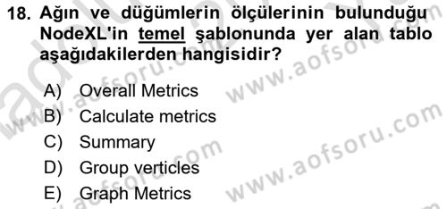 Sosyal Ağ Analizi Dersi 2023 - 2024 Yılı Yaz Okulu Sınav Soruları 18. Soru