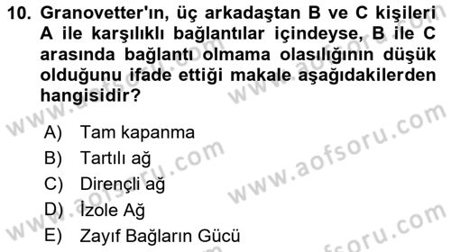 Sosyal Ağ Analizi Dersi 2024 - 2025 Yılı (Vize) Ara Sınav Soruları 10. Soru