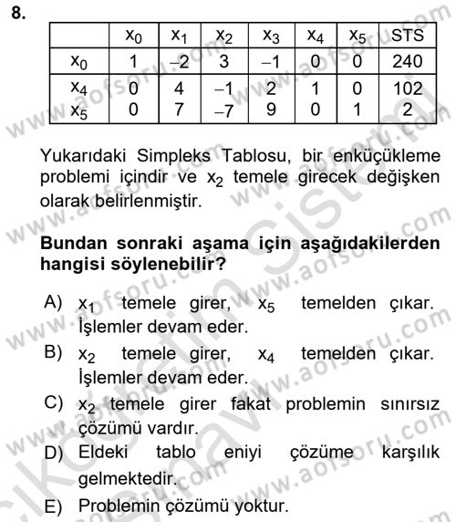 Yöneylem Araştırması Dersi 2018 - 2019 Yılı 3 Ders Sınav Soruları 8. Soru
