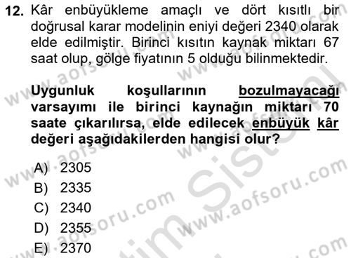 Yöneylem Araştırması Dersi 2019 - 2020 Yılı (Final) Dönem Sonu Sınav Soruları 12. Soru