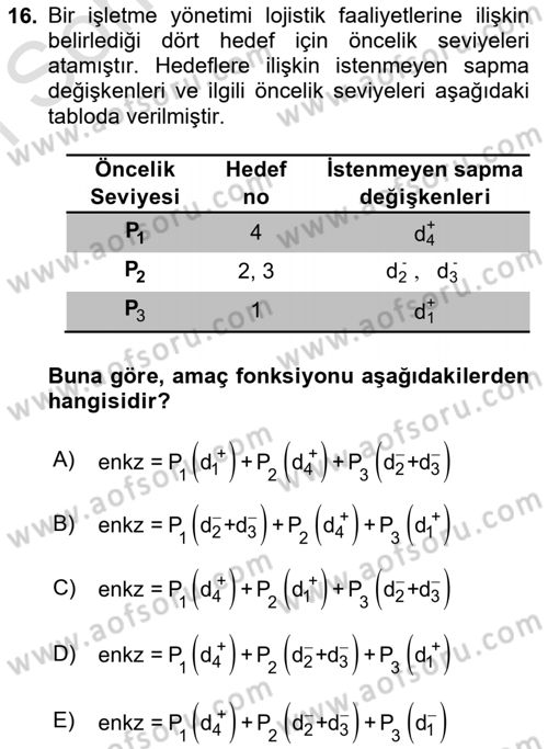 Yöneylem Araştırması Dersi 2019 - 2020 Yılı (Final) Dönem Sonu Sınavı 16. Soru