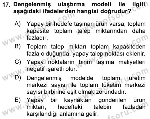 Yöneylem Araştırması Dersi 2019 - 2020 Yılı (Final) Dönem Sonu Sınav Soruları 17. Soru