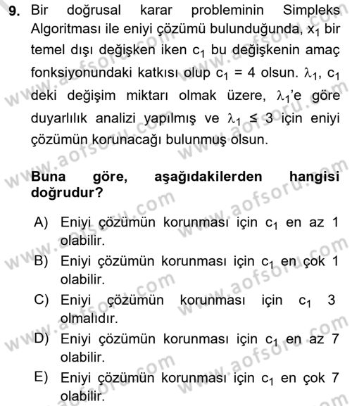 Yöneylem Araştırması Dersi 2019 - 2020 Yılı (Final) Dönem Sonu Sınav Soruları 9. Soru