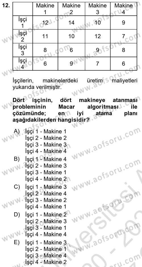Yöneylem Araştırması Dersi 2020 - 2021 Yılı Yaz Okulu Sınav Soruları 12. Soru
