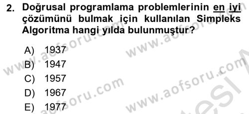 Yöneylem Araştırması Dersi 2021 - 2022 Yılı (Vize) Ara Sınav Soruları 2. Soru