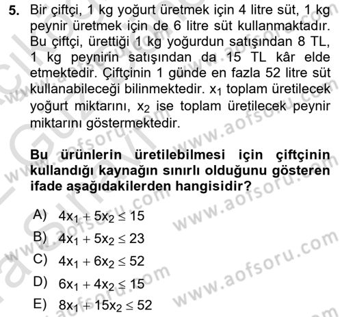 Yöneylem Araştırması Dersi 2021 - 2022 Yılı (Vize) Ara Sınav Soruları 5. Soru
