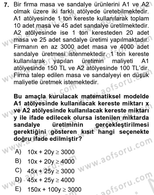 Yöneylem Araştırması Dersi 2021 - 2022 Yılı (Vize) Ara Sınav Soruları 7. Soru