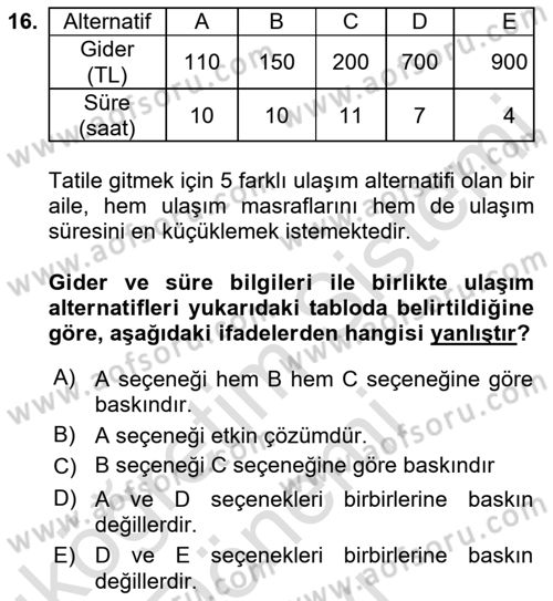Yöneylem Araştırması Dersi 2021 - 2022 Yılı (Final) Dönem Sonu Sınav Soruları 16. Soru