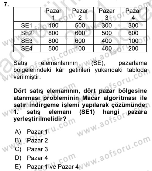Yöneylem Araştırması Dersi 2021 - 2022 Yılı (Final) Dönem Sonu Sınav Soruları 7. Soru
