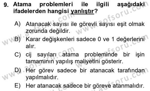 Yöneylem Araştırması Dersi 2021 - 2022 Yılı (Final) Dönem Sonu Sınav Soruları 9. Soru
