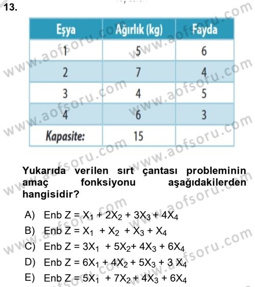 Yöneylem Araştırması Dersi 2021 - 2022 Yılı Yaz Okulu Sınav Soruları 13. Soru