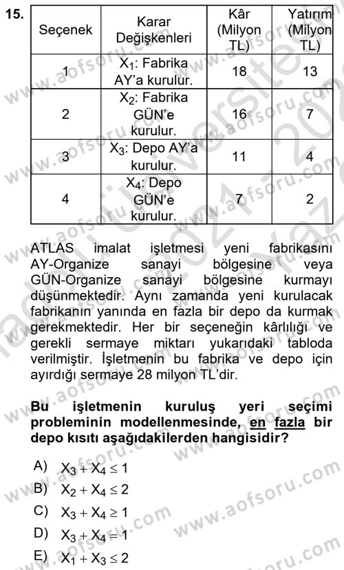 Yöneylem Araştırması Dersi 2021 - 2022 Yılı Yaz Okulu Sınav Soruları 15. Soru