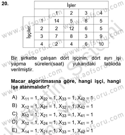 Yöneylem Araştırması Dersi 2021 - 2022 Yılı Yaz Okulu Sınav Soruları 20. Soru