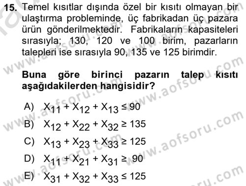 Yöneylem Araştırması Dersi 2022 - 2023 Yılı (Vize) Ara Sınav Soruları 15. Soru