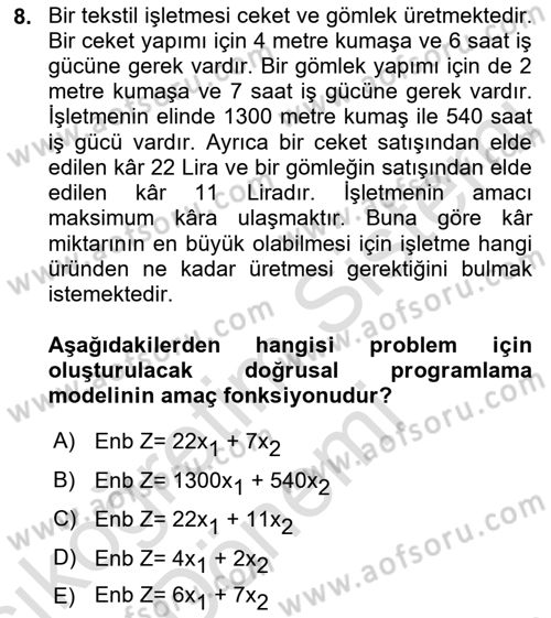Yöneylem Araştırması Dersi 2022 - 2023 Yılı (Vize) Ara Sınav Soruları 8. Soru