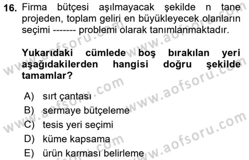 Yöneylem Araştırması Dersi 2022 - 2023 Yılı (Final) Dönem Sonu Sınav Soruları 16. Soru