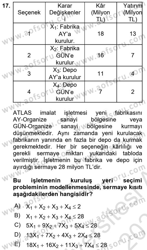 Yöneylem Araştırması Dersi 2022 - 2023 Yılı Yaz Okulu Sınav Soruları 17. Soru