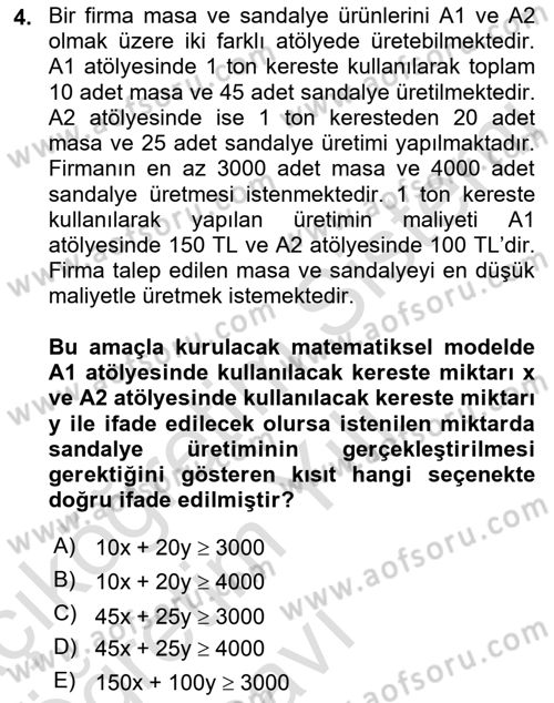 Yöneylem Araştırması Dersi 2022 - 2023 Yılı Yaz Okulu Sınav Soruları 4. Soru