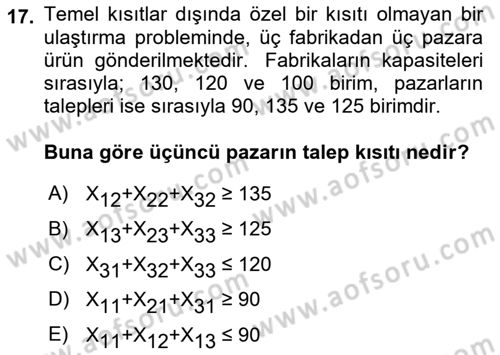 Yöneylem Araştırması Dersi 2023 - 2024 Yılı (Vize) Ara Sınav Soruları 17. Soru