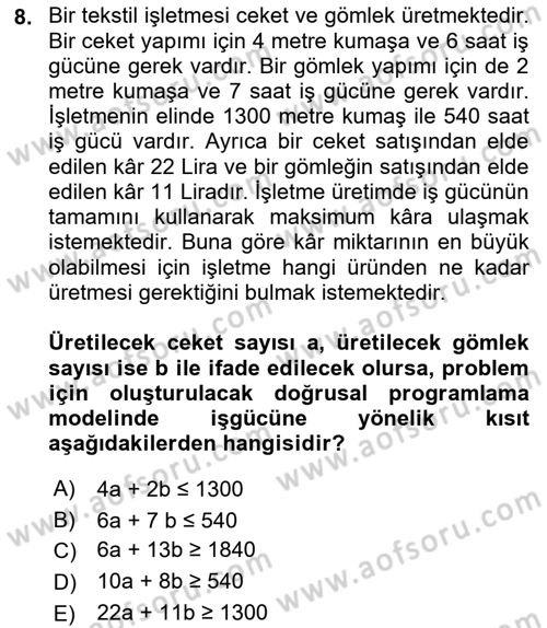 Yöneylem Araştırması Dersi 2023 - 2024 Yılı (Vize) Ara Sınav Soruları 8. Soru