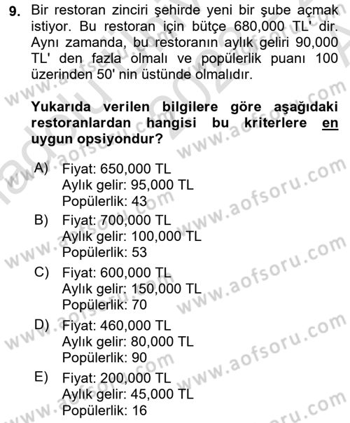 Yöneylem Araştırması Dersi 2023 - 2024 Yılı (Vize) Ara Sınav Soruları 9. Soru