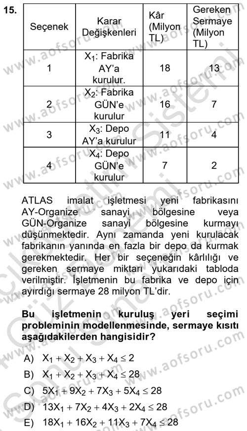 Yöneylem Araştırması Dersi 2023 - 2024 Yılı (Final) Dönem Sonu Sınav Soruları 15. Soru