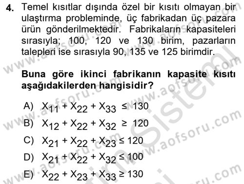 Yöneylem Araştırması Dersi 2023 - 2024 Yılı (Final) Dönem Sonu Sınav Soruları 4. Soru