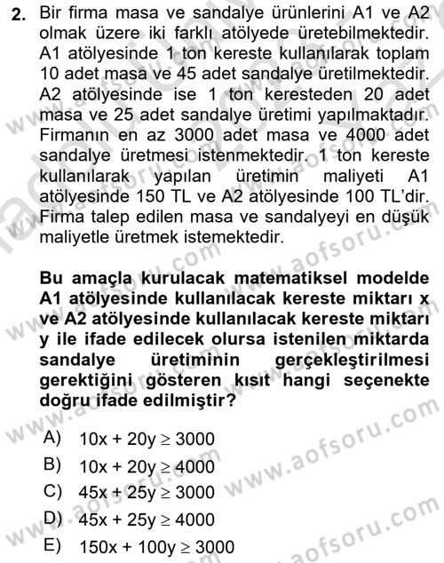 Yöneylem Araştırması Dersi 2023 - 2024 Yılı Yaz Okulu Sınav Soruları 2. Soru
