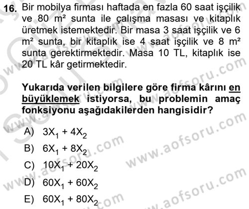 Yöneylem Araştırması Dersi 2024 - 2025 Yılı (Final) Dönem Sonu Sınav Soruları 16. Soru