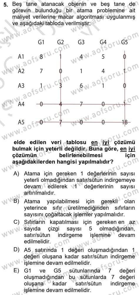 Yöneylem Araştırması Dersi 2024 - 2025 Yılı (Final) Dönem Sonu Sınav Soruları 5. Soru