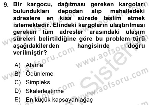 Yöneylem Araştırması Dersi 2024 - 2025 Yılı (Final) Dönem Sonu Sınav Soruları 9. Soru