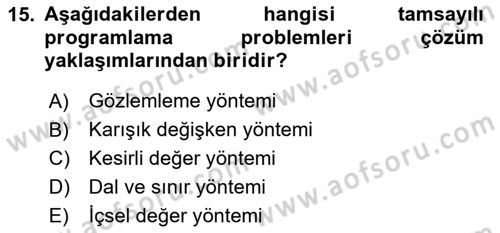 Yöneylem Araştırması Dersi 2025 - 2026 Yılı (Final) Dönem Sonu Sınav Soruları 15. Soru