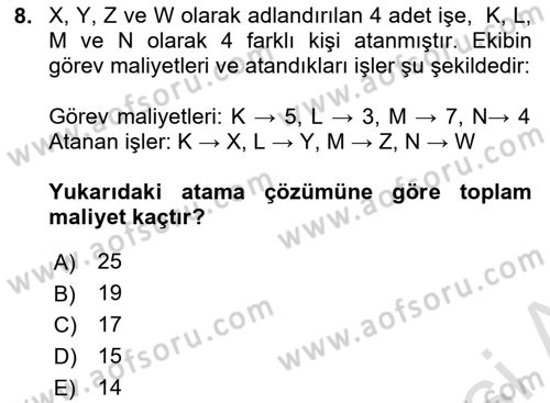 Yöneylem Araştırması Dersi 2025 - 2026 Yılı (Final) Dönem Sonu Sınav Soruları 8. Soru