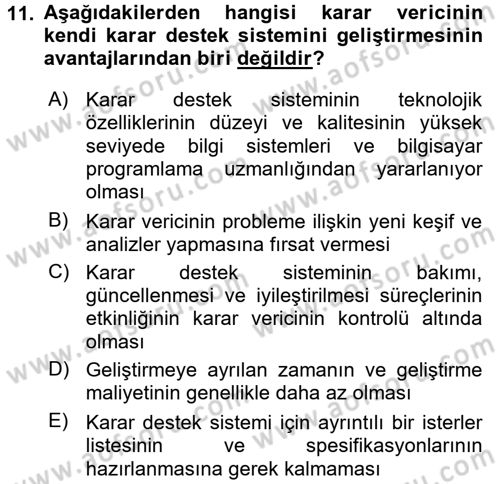 Karar Destek Sistemleri Dersi 2018 - 2019 Yılı (Vize) Ara Sınav Soruları 11. Soru